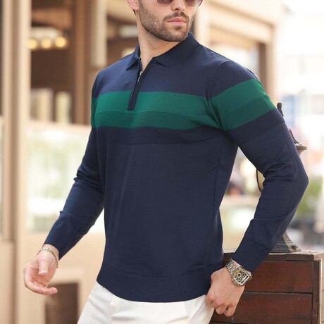 Chest Striped Quarter-Zip Polo Sweater // Navy (S)