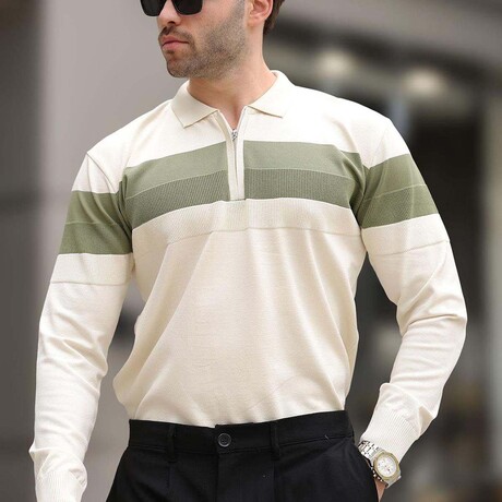 Chest Striped Quarter-Zip Polo Sweater // Beige (S)