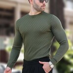 Crewneck Basket-Weave Textured Knit Sweater // Khaki (S)