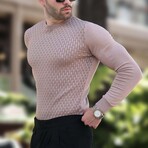 Crewneck Basket-Weave Textured Knit Sweater // Beige (S)