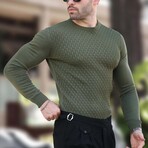 Crewneck Basket-Weave Textured Knit Sweater // Khaki (S)