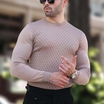 Crewneck Basket-Weave Textured Knit Sweater // Beige (S)