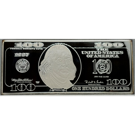 1997 Benjamin Franklin $ 100 4 Ounce Silver Bar