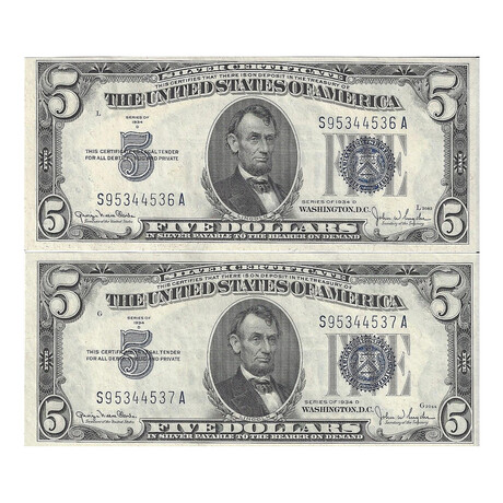 1934 D $ 5 Silver Certificate pair # 536 - 537