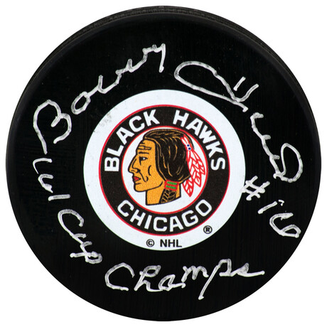 Bobby Hull // Chicago Blackhawks // Signed Throwback Puck w/61 Cup Champs