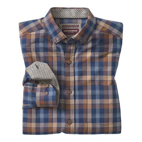 Large Plaid Heathered Woven Button-Up Shirt // Navy + Brown (S)