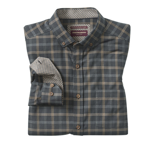 Triple Grid Check Heathered Woven Button-Up Shirt // Charcoal + Tan (S)