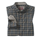 Triple Grid Check Heathered Woven Button-Up Shirt // Charcoal + Tan (S)