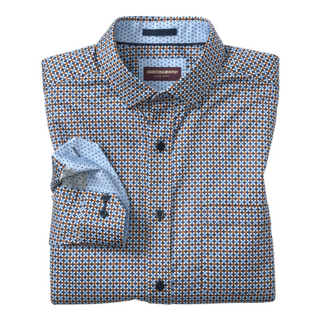 Geo Clover Printed Pattern Button-Up Shirt // Blue + Rust (S)