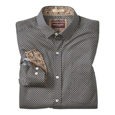 Diamond Grid Printed Pattern Button-Up Shirt // Black (S)