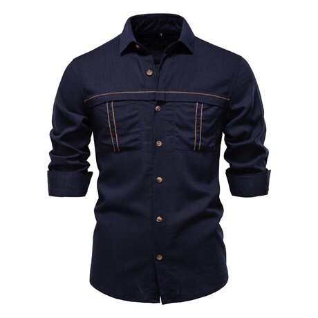 Denim w/Chest Details Long Sleeve Button-Up Field Shirt // NavyBlue (XS)