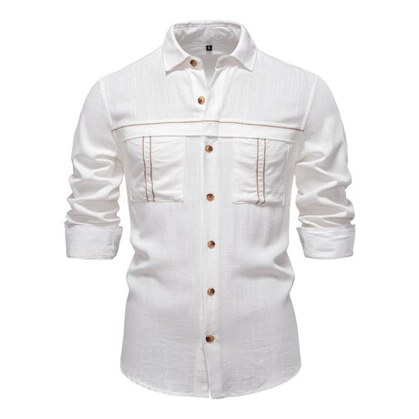 Denim w/Chest Details Long Sleeve Button-Up Field Shirt // White (XS)
