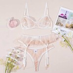 Petal Sheer Lace 3 Piece Lingerie Set // Champagne (L)