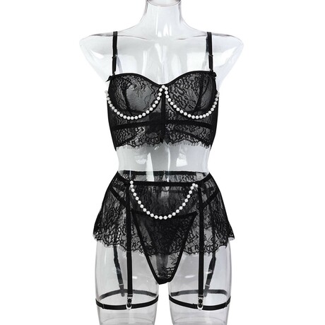 Luna Pearl Embellished Lace 4 Piece Lingerie Set // Black (S)