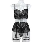 Luna Pearl Embellished Lace 4 Piece Lingerie Set // Black (L)
