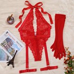 Crimson Desire Lace Teddy and Glove Set // Red (L)
