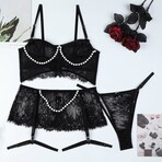 Luna Pearl Embellished Lace 4 Piece Lingerie Set // Black (L)
