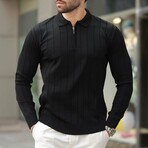 Quarter-Zip Rib Knit Polo Sweater // Black (S)