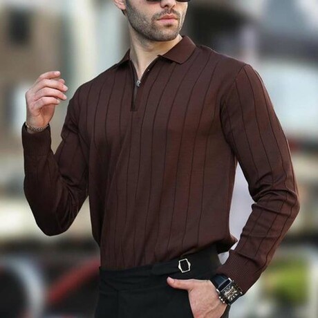 Quarter-Zip Rib Knit Polo Sweater // Dark Brown (S)