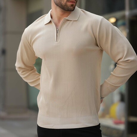 Quarter-Zip Small Rib Knit Polo Sweater // Beige (S)