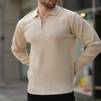 Quarter-Zip Small Rib Knit Polo Sweater // Beige (S)