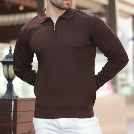 Quarter-Zip Small Rib Knit Polo Sweater // Brown (S)