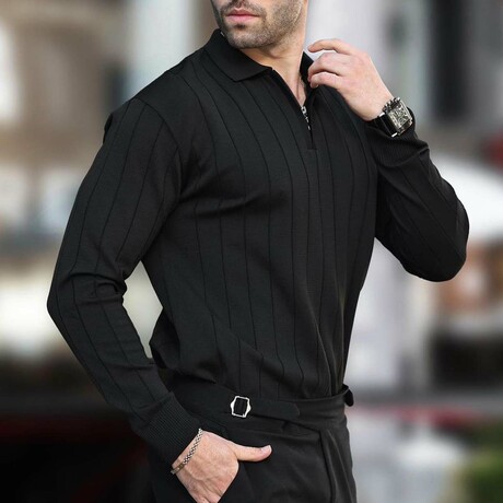 Quarter-Zip Rib Knit Polo Sweater // Black (S)