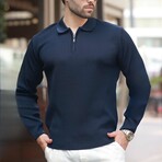 Quarter-Zip Small Rib Knit Polo Sweater // Navy (S)