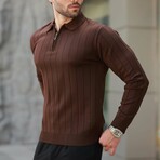 Quarter-Zip Rib Knit Polo Sweater // Dark Brown (S)