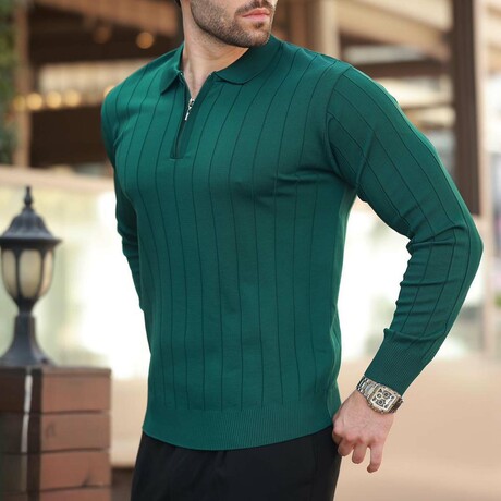 Quarter-Zip Rib Knit Polo Sweater // Khaki (S)