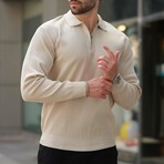 Quarter-Zip Small Rib Knit Polo Sweater // Beige (S)
