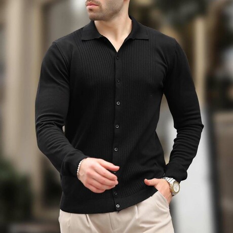 Button-Up Rib Knit Chest Sweater // Black (S)
