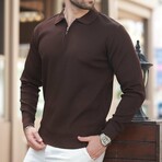 Quarter-Zip Small Rib Knit Polo Sweater // Brown (S)