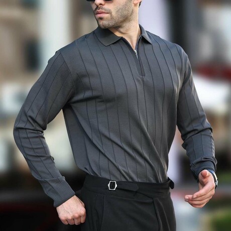 Quarter-Zip Rib Knit Polo Sweater // Anthracite (S)