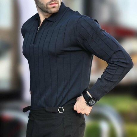 Quarter-Zip Rib Knit Polo Sweater // Navy (S)