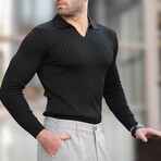 V-Neck Rib Knit Polo Sweater // Black (S)