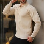 Quarter-Zip Small Rib Knit Polo Sweater // Beige (S)