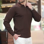 Quarter-Zip Small Rib Knit Polo Sweater // Brown (S)