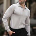 Rib Knit Chest Detail Polo Sweater // Gray (S)