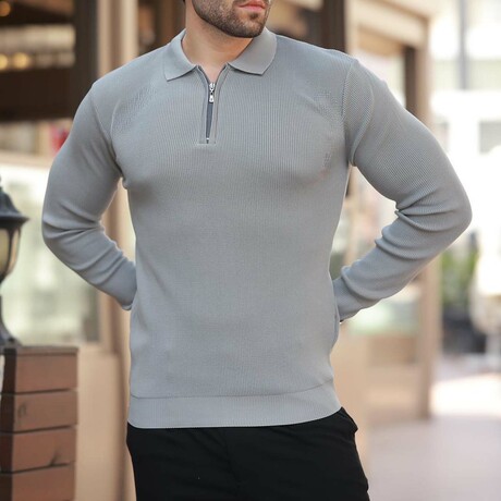 Quarter-Zip Small Rib Knit Polo Sweater // Gray (S)