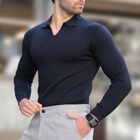 V-Neck Rib Knit Polo Sweater // Navy (S)