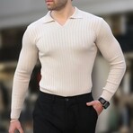 V-Neck Rib Knit Polo Sweater // Beige (S)