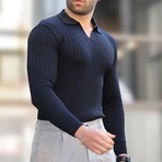 V-Neck Rib Knit Polo Sweater // Navy (S)