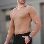 V-Neck Rib Knit Polo Sweater // Camel (S)