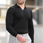V-Neck Rib Knit Polo Sweater // Black (S)