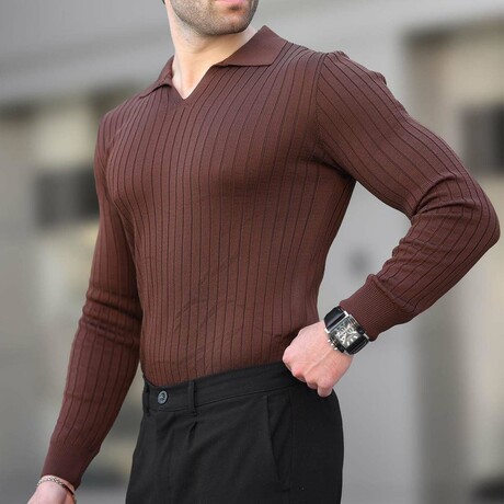 V-Neck Rib Knit Polo Sweater // Brown (S)