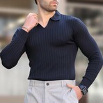 V-Neck Rib Knit Polo Sweater // Navy (S)