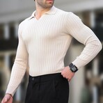 V-Neck Rib Knit Polo Sweater // Beige (S)