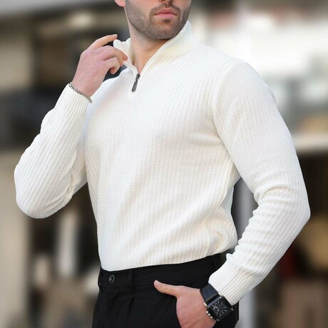 Quarter-Zip Knit Polo Sweater // Ecru (S)