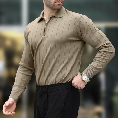 Quarter-Zip Rib Knit Polo Sweater // Light Brown (S)